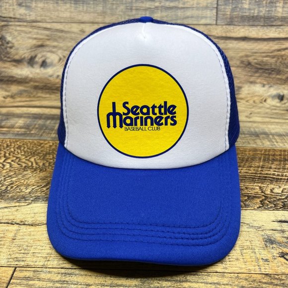 Seattle Mariners Mens Trucker Hat Blue Snapback 1977 Original Logo Baseball Cap - Picture 2 of 8